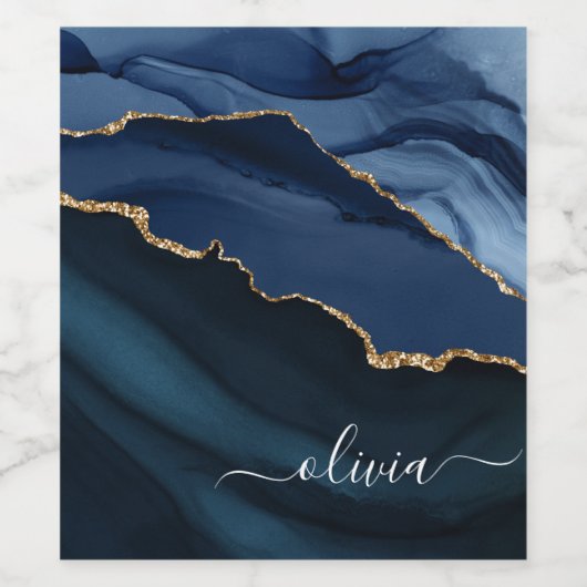 Navy Blue Agate Geode Gold Monogram Wijn Etiket (Enkel label)