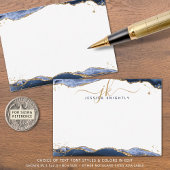 Navy Blue Agate Geode Script Monogram Gold Glitter Notitiekaartje