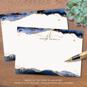 Navy Blue Agate Geode Script Monogram Gold Glitter Notitiekaartje