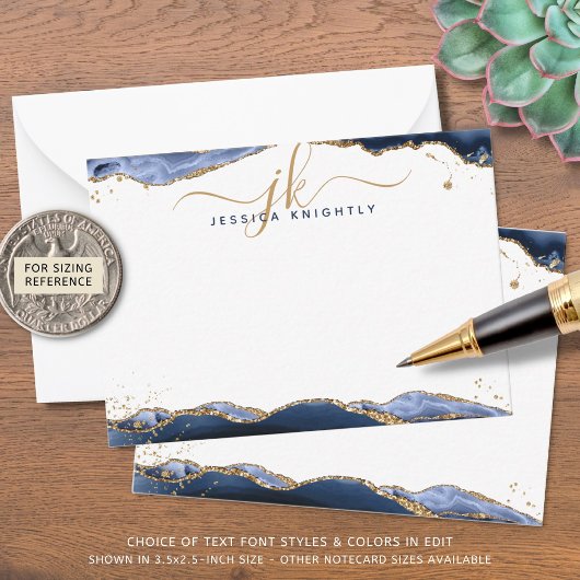 Navy Blue Agate Geode Script Monogram Gold Glitter Notitiekaartje