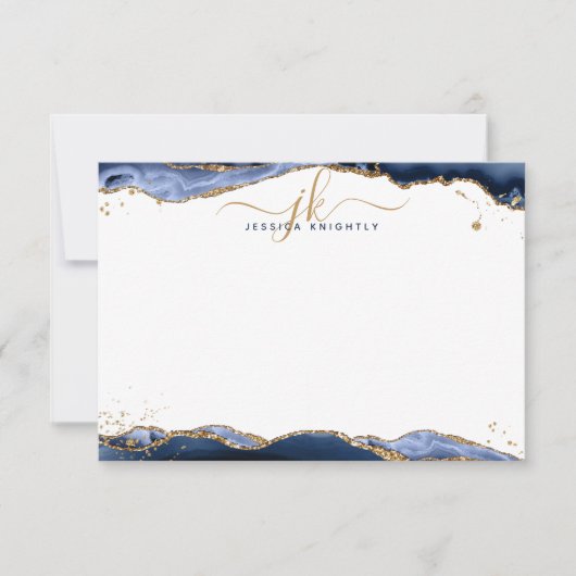 Navy Blue Agate Geode Script Monogram Gold Glitter Notitiekaartje (Voorkant)