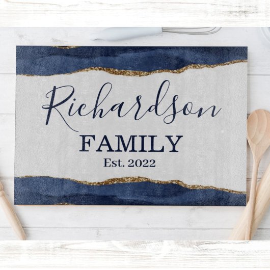 Navy Blue Agate Glitter Gold White Familienaam Cut Snijplank