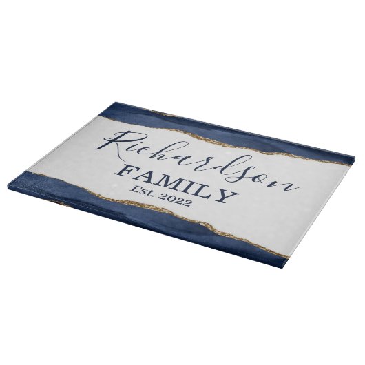 Navy Blue Agate Glitter Gold White Familienaam Cut Snijplank (Hoek)