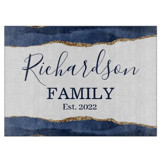 Navy Blue Agate Glitter Gold White Familienaam Cut Snijplank (Voorkant)