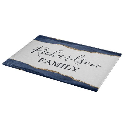 Navy Blue Agate Glitter Gold White Familienaam Snijplank (Hoek)