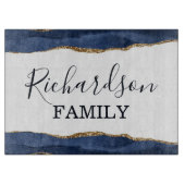 Navy Blue Agate Glitter Gold White Familienaam Snijplank (Voorkant)
