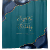 Navy Blue Agate Gold Blauwgroen gepersonaliseerde  Douchegordijn (Voorkant)