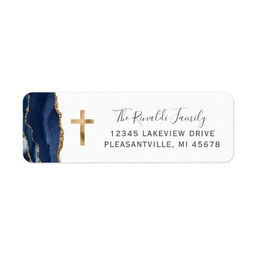 Navy Blue Agate Gold Cross Retour Adres Label (Voorkant)