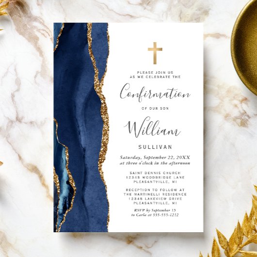 Navy Blue Agate Gold Glitter Confirmation Kaart