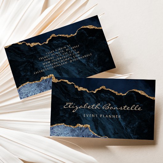 Navy Blue Agate Gold Glitter Luxury Visitekaartje
