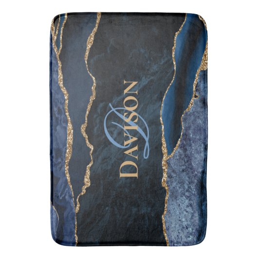 Navy Blue Agate Gold Glitter Monogram Badmat (Voorkant Verticaal)