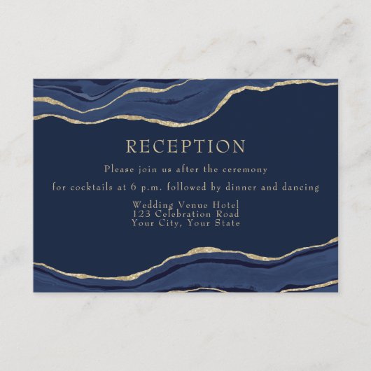 Navy Blue Agate Gold Glitter Wedding Reception Informatiekaartje (Voorkant)