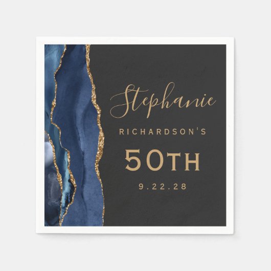 Navy Blue Agate Gold Script Dark 50th Birthday Servet (Voorkant)