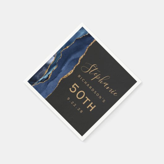 Navy Blue Agate Gold Script Dark 50th Birthday Servet (Hoek)