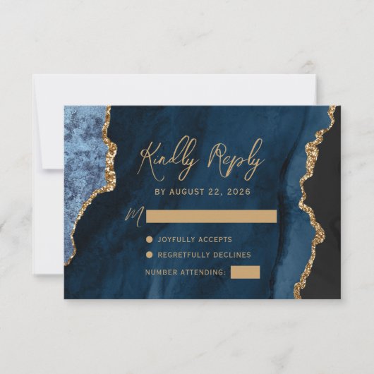 Navy Blue Agate Gold Script Wedding RSVP Kaartje (Voorkant)