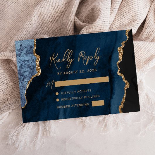 Navy Blue Agate Gold Script Wedding RSVP Kaartje