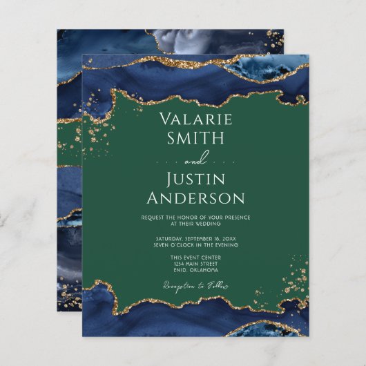 Navy Blue Agate Green Wedding Invitation (Voorkant / Achterkant)
