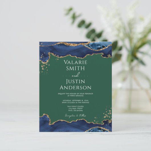 Navy Blue Agate Green Wedding Invitation (Staand voorkant)