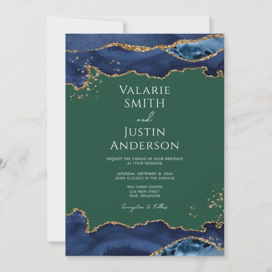 Navy Blue Agate Green Wedding Invitation Kaart (Voorkant)