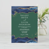 Navy Blue Agate Green Wedding Invitation Kaart (Staand voorkant)