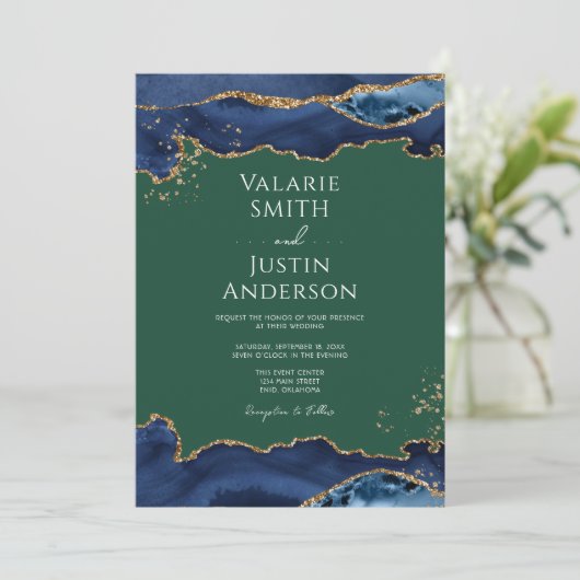 Navy Blue Agate Green Wedding Invitation Kaart (Staand voorkant)