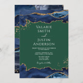 Navy Blue Agate Green Wedding Invitation Kaart (Voorkant / Achterkant)