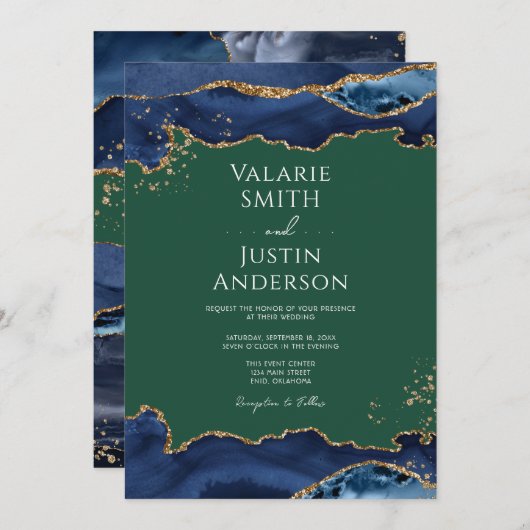 Navy Blue Agate Green Wedding Invitation Kaart (Voorkant / Achterkant)