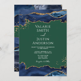 Navy Blue Agate Green Wedding Invitation Kaart