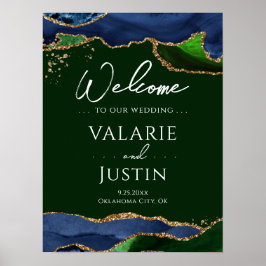 Navy Blue Agate Green Wedding Welcome Sign Poster