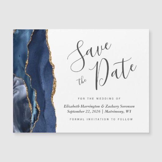 Navy Blue Agate Magnetische bruiloft Save the Date (Voorkant)