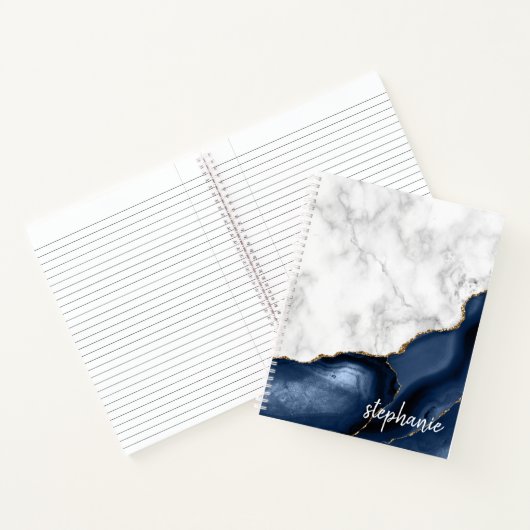 Navy Blue Agate Marble Gold Monogram Notitieboek (Binnen)