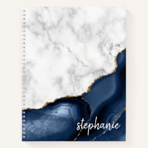 Navy Blue Agate Marble Gold Monogram Notitieboek