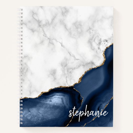 Navy Blue Agate Marble Gold Monogram Notitieboek (Voorkant)