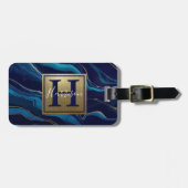 Navy Blue Agate Marble Gold Name en Monogram Bagagelabel (Voorkant horizontaal)