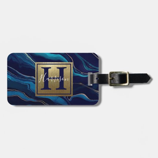Navy Blue Agate Marble Gold Name en Monogram Bagagelabel (Voorkant horizontaal)