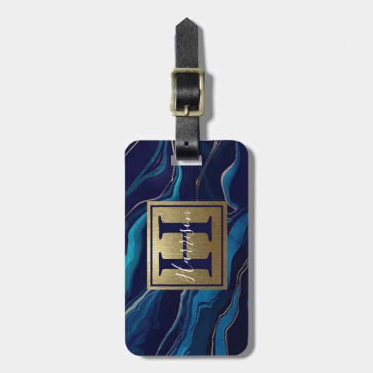 Navy Blue Agate Marble Gold Name en Monogram Bagagelabel (Voorkant verticaal)