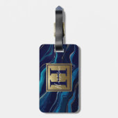 Navy Blue Agate Marble Gold Name en Monogram Bagagelabel (Achterkant verticaal)