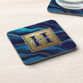 Navy Blue Agate Marble Gold Name en Monogram Bier Onderzetter (Linkerzijde)