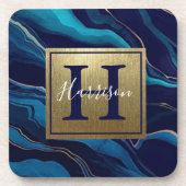 Navy Blue Agate Marble Gold Name en Monogram Bier Onderzetter (Voorkant)