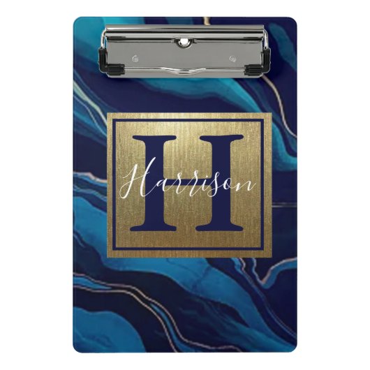 Navy Blue Agate Marble Gold Name en Monogram Cli Mini Klembord (Voorkant)