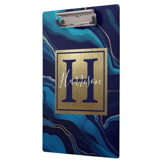 Navy Blue Agate Marble Gold Name en Monogram Klembord (Links)