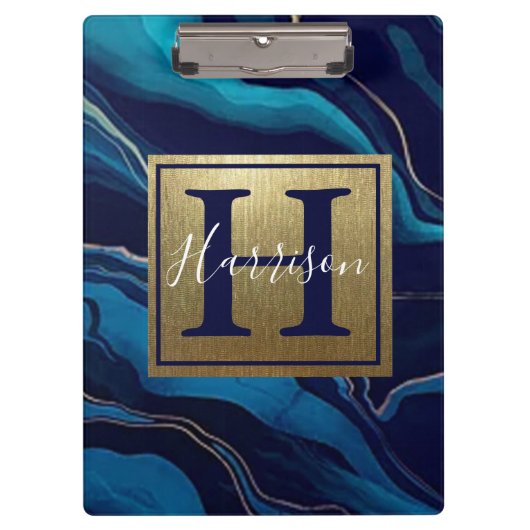 Navy Blue Agate Marble Gold Name en Monogram Klembord (Voorkant)