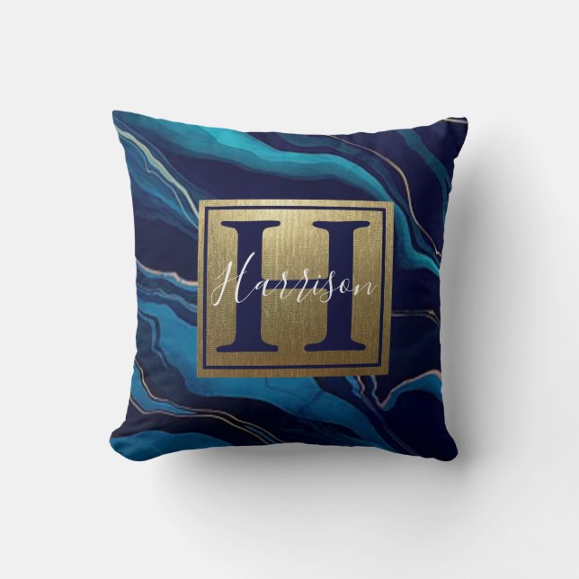 Navy Blue Agate Marble Gold Name en Monogram Kussen (Voorkant)