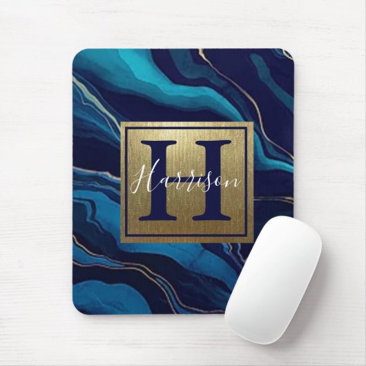 Navy Blue Agate Marble Gold Name en Monogram Muismat (Met muis)