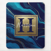 Navy Blue Agate Marble Gold Name en Monogram Muismat (Voorkant)