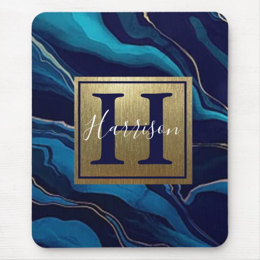 Navy Blue Agate Marble Gold Name en Monogram Muismat (Voorkant)