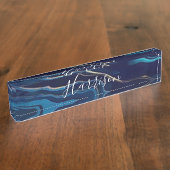 Navy Blue Agate Marble Gold Name en Monogram Naambordje (Zijkant)
