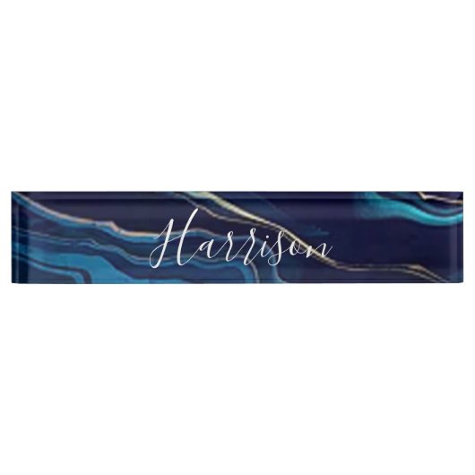 Navy Blue Agate Marble Gold Name en Monogram Naambordje (Voorkant)