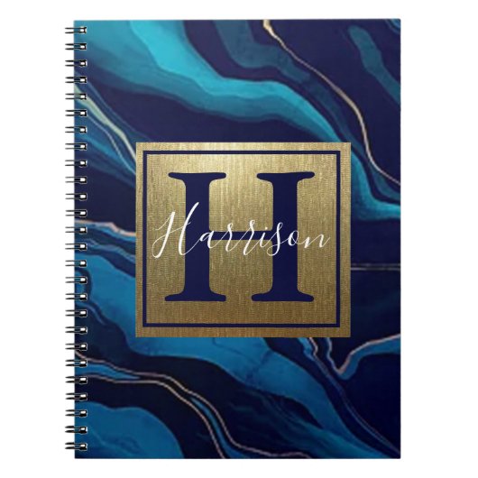 Navy Blue Agate Marble Gold Name en Monogram Notitieboek (Voorkant)