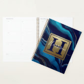 Navy Blue Agate Marble Gold Name en Monogram Planner (Display)